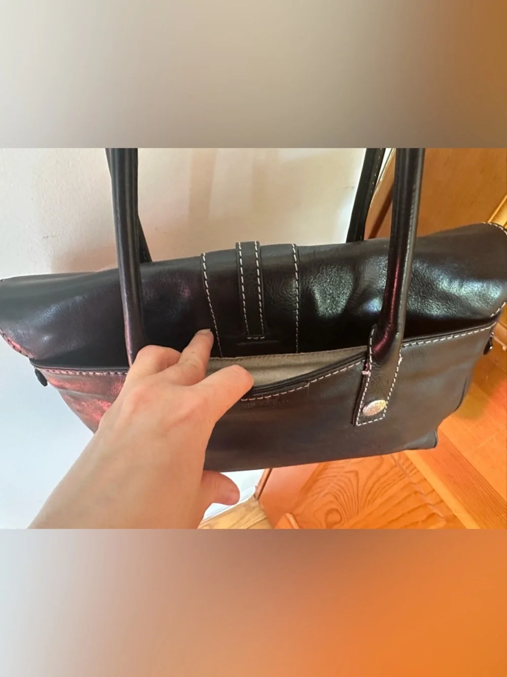 Michael Kors black soft calf leather Hudson satchel with white stitching